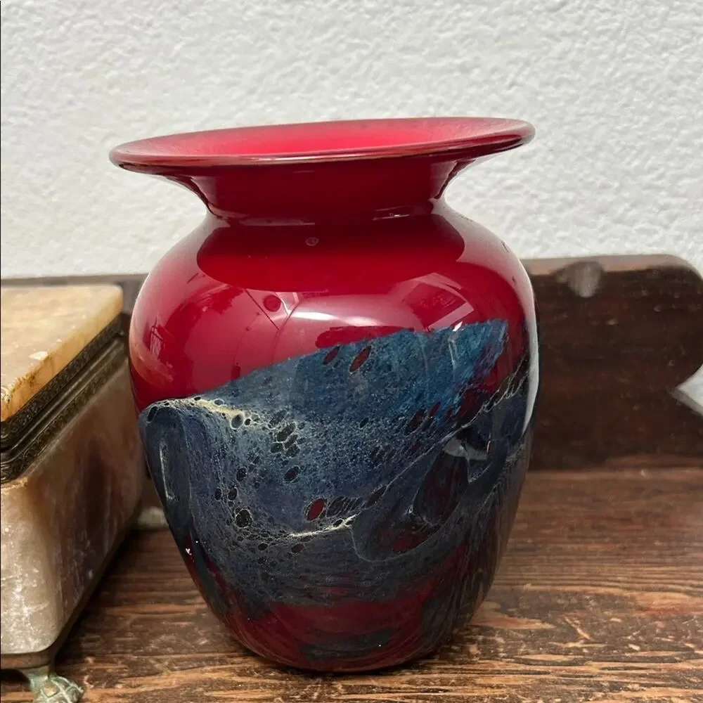 Michael Nourot Vintage Red Art Glass Vase with Colored Swirl, Signed by Artist